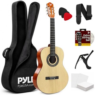 Pyle Left Handed Classical Guitar 1/4 Size, Beginner Capo Kit, Natural Mirrored Fretboard Design Sized For Small Hands Warm Rich Tone Pyle Left Handed Classical Guitar 1/4 Size, Beginner Capo Kit, Natural Mirrored Fretboard Design Sized For Small Hands Warm Rich Tone