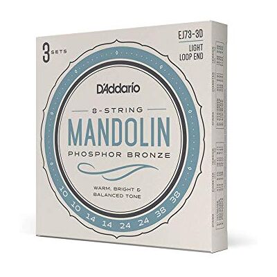 D'Addario Phosphor Bronze Mandolin Strings EJ73-3D, 10-38, 3-Pack mandolin strings deliver warm phosphor bronze tone, accurate intonation, bright projection and lasting performance. D'Addario Phosphor Bronze Mandolin Strings EJ73-3D, 10-38, 3-Pack mandolin strings deliver warm phosphor bronze tone, accurate intonation, bright projection and lasting performance.