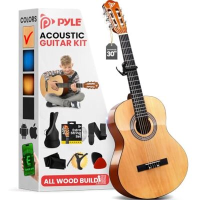 Pyle Beginner Acoustic Guitar Kit, 1/4 Junior Size All Wood Build Nylon Stringed Instrument with Capo, Strap, Extra String Set, Gig Bag, Guitars for Beginners Adults Youth, 30" Natural Gloss Pyle Beginner Acoustic Guitar Kit, 1/4 Junior Size All Wood Build Nylon Stringed Instrument with Capo, Strap, Extra String Set, Gig Bag, Guitars for Beginners Adults Youth, 30" Natural Gloss