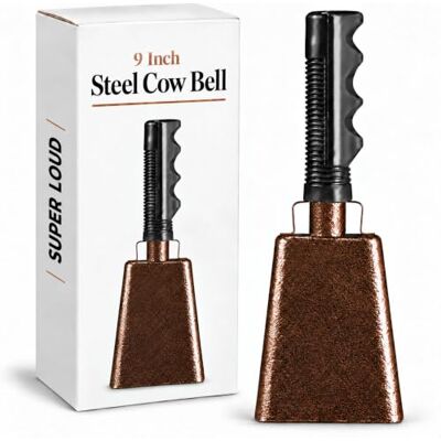 Bedwina 9" Metal Cowbells with Handle (1 Pack) Cow Bells Loud Cheering Noise Makers for Sporting Events, Football Games, School Spirit, Rallies & Celebrations Copper Steel Percussion Music Instrument Bedwina 9" Metal Cowbells with Handle (1 Pack) Cow Bells Loud Cheering Noise Makers for Sporting Events, Football Games, School Spirit, Rallies & Celebrations Copper Steel Percussion Music Instrument