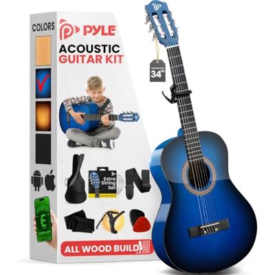 Pyle Beginner Acoustic Guitar Kit, 1/2 Junior Size All Wood Build Nylon String Instrument with Capo, Strap, Extra String Set, Gig Bag, Guitars for Beginners Adults Youth, 34" Blue Burst Gloss Pyle Beginner Acoustic Guitar Kit, 1/2 Junior Size All Wood Build Nylon String Instrument with Capo, Strap, Extra String Set, Gig Bag, Guitars for Beginners Adults Youth, 34" Blue Burst Gloss