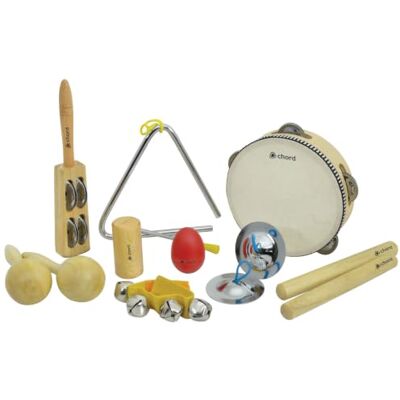 Chord Hand Percussion Set for Beginners 9 Piece Musical Instrument Kit with Tambourine, Maracas, Shaker, Claves, Jingles, Cymbals and Triangle Chord Hand Percussion Set for Beginners 9 Piece Musical Instrument Kit with Tambourine, Maracas, Shaker, Claves, Jingles, Cymbals and Triangle