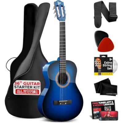 Pyle Beginner Acoustic Guitar, Junior Size 99 cm, All Wood Build Nylon String with Capo Strap, Extra String Set, and Gig Bag Acoustic, For Kids Adults Youth Classical Kit Blue Burst, Gloss Pyle Beginner Acoustic Guitar, Junior Size 99 cm, All Wood Build Nylon String with Capo Strap, Extra String Set, and Gig Bag Acoustic, For Kids Adults Youth Classical Kit Blue Burst, Gloss