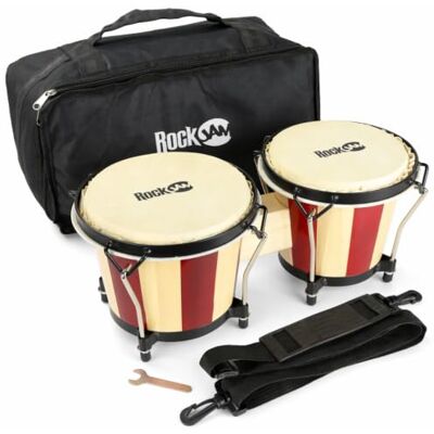 RockJam 7 & 8 Inch Bongo Drum Set, Red/Natural Wooden bongo drum set with padded carry bag & tuning key for percussion practice & lessons RockJam 7 & 8 Inch Bongo Drum Set, Red/Natural Wooden bongo drum set with padded carry bag & tuning key for percussion practice & lessons