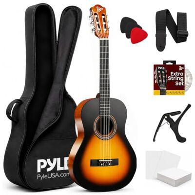 Pyle Classical Guitar 1/4 Size, Beginner Kit w/Capo, Teardrop Sunburst Sized For Small Hands Easy To Learn On Warm Rich Tone Pyle Classical Guitar 1/4 Size, Beginner Kit w/Capo, Teardrop Sunburst Sized For Small Hands Easy To Learn On Warm Rich Tone