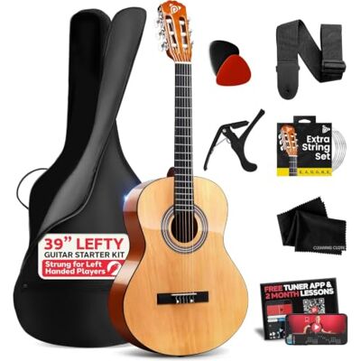 Pyle Left Handed Beginner Acoustic Guitar Kit, 4/4 Full Size All Wood Build Nylon String Instrument with Capo, Strap, Extra String Set, Gig Bag, Guitars for Beginners Adults Youth, 39" Natural Gloss Pyle Left Handed Beginner Acoustic Guitar Kit, 4/4 Full Size All Wood Build Nylon String Instrument with Capo, Strap, Extra String Set, Gig Bag, Guitars for Beginners Adults Youth, 39" Natural Gloss