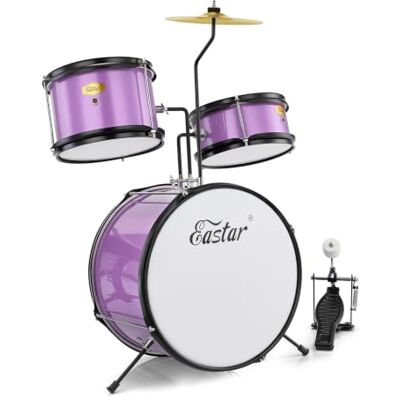 Eastar Junior Drum Kit 3 Piece, Drum Set with Snare,Tom,Bass Drum,Bass Drum Pedal,Throne,Cymbal and Drumsticks-14 Inch(Metallic Purple) Eastar Junior Drum Kit 3 Piece, Drum Set with Snare,Tom,Bass Drum,Bass Drum Pedal,Throne,Cymbal and Drumsticks-14 Inch(Metallic Purple)