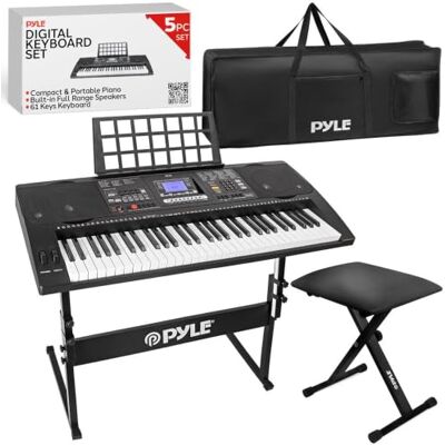 Pyle 61 Keys Digital Electronic Piano Keyboard, Portable Musical Karaoke Electric Piano with Pitch Bend, Vibrato, Sustain Functions, Includes Stand, Stool, Heavy Duty Case Bag, and Book Rack Pyle 61 Keys Digital Electronic Piano Keyboard, Portable Musical Karaoke Electric Piano with Pitch Bend, Vibrato, Sustain Functions, Includes Stand, Stool, Heavy Duty Case Bag, and Book Rack