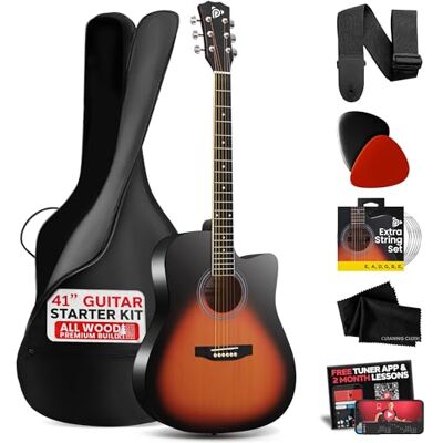 Pyle Steel String Acoustic Guitar Kit, 4/4 Full Size 104cm Cutaway All-Wood Acoustic Guitar with Premium Accessory Set, Upgraded Gig Bag, Sunburst Teardrop Matte Finish, Beginner Guitar for Adults Pyle Steel String Acoustic Guitar Kit, 4/4 Full Size 104cm Cutaway All-Wood Acoustic Guitar with Premium Accessory Set, Upgraded Gig Bag, Sunburst Teardrop Matte Finish, Beginner Guitar for Adults