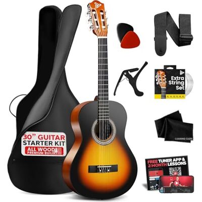 Pyle Beginner Acoustic Guitar Kit, 1/4 Junior Size All Wood Build Nylon Stringed Instrument with Capo, Strap, Extra String Set, Gig Bag, Guitars for Beginners Adults Youth, 30" Sunburst Teardrop Gloss Pyle Beginner Acoustic Guitar Kit, 1/4 Junior Size All Wood Build Nylon Stringed Instrument with Capo, Strap, Extra String Set, Gig Bag, Guitars for Beginners Adults Youth, 30" Sunburst Teardrop Gloss