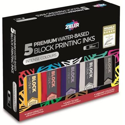 Zieler 5 Water-Based Block Printing Inks Black, Blue, Red, White & Yellow 38ml High Concentration Tubes Easy-to-Mix High Opacity by Zieler 5 Water-Based Block Printing Inks Black, Blue, Red, White & Yellow 38ml High Concentration Tubes Easy-to-Mix High Opacity by