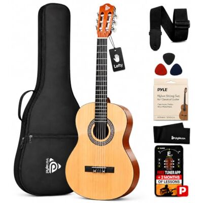 Pyle Left Handed Beginner Acoustic Guitar, 4/4 Junior Size 99 cm, All Wood Build Nylon String with Capo Strap, Extra String Set, and Gig Bag Acoustic, For Kids Adults Youth Classical Kit Natural Ash Pyle Left Handed Beginner Acoustic Guitar, 4/4 Junior Size 99 cm, All Wood Build Nylon String with Capo Strap, Extra String Set, and Gig Bag Acoustic, For Kids Adults Youth Classical Kit Natural Ash
