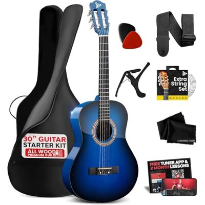 Pyle Beginner Acoustic Guitar Kit, 1/4 Junior Size All Wood Build Nylon Stringed Instrument with Capo, Strap, Extra String Set, Gig Bag, Guitars for Beginners Adults Youth, 30" Blue Burst Gloss Pyle Beginner Acoustic Guitar Kit, 1/4 Junior Size All Wood Build Nylon Stringed Instrument with Capo, Strap, Extra String Set, Gig Bag, Guitars for Beginners Adults Youth, 30" Blue Burst Gloss