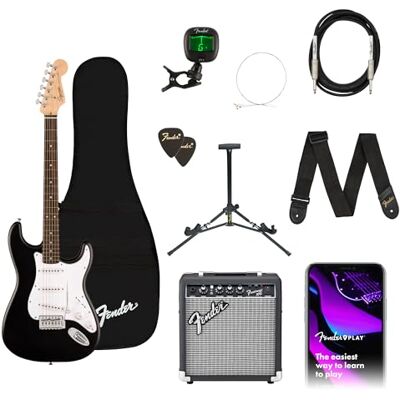 Fender Squier by Debut Stratocaster Guitar Pack, Includes Amp, Tuner, Stand, Gig Bag, Cable, Strap and Free Virtual Lessons, Perfect for Beginners, Black Fender Squier by Debut Stratocaster Guitar Pack, Includes Amp, Tuner, Stand, Gig Bag, Cable, Strap and Free Virtual Lessons, Perfect for Beginners, Black