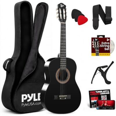 Pyle Classical Guitar 1/2 Size, Capo Included Beginner Kit, Black Sized For Small Hands Easy To Learn On Warm Rich Tone Pyle Classical Guitar 1/2 Size, Capo Included Beginner Kit, Black Sized For Small Hands Easy To Learn On Warm Rich Tone