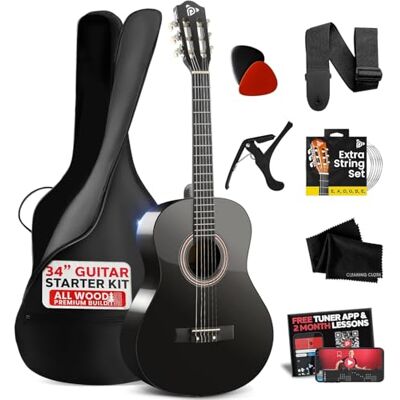 Pyle Beginner Acoustic Guitar Kit, 1/2 Junior Size All Wood Build Nylon String Instrument with Capo, Strap, Extra String Set, Gig Bag, Guitars for Beginners Adults Youth, 34" Black Gloss Pyle Beginner Acoustic Guitar Kit, 1/2 Junior Size All Wood Build Nylon String Instrument with Capo, Strap, Extra String Set, Gig Bag, Guitars for Beginners Adults Youth, 34" Black Gloss