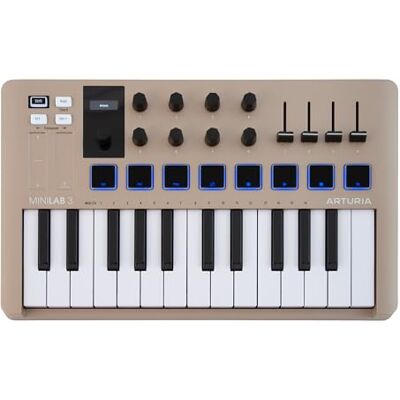 Arturia MiniLab 3 Champagne — 25 Key USB MIDI Keyboard Controller With 8 Multi-Color Drum Pads, 8 Knobs and Music Production Software Included Arturia MiniLab 3 Champagne — 25 Key USB MIDI Keyboard Controller With 8 Multi-Color Drum Pads, 8 Knobs and Music Production Software Included