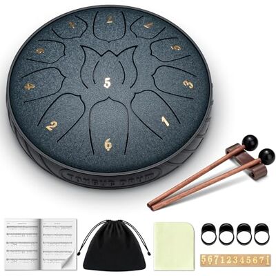 CAHAYA Steel Tongue Drum 11Notes 6 Inch D KeySteel Hand Drum with Music Book, Mallets, Finger picks and Carry Bag Dark Blue CY00373-1 CAHAYA Steel Tongue Drum 11Notes 6 Inch D KeySteel Hand Drum with Music Book, Mallets, Finger picks and Carry Bag Dark Blue CY00373-1