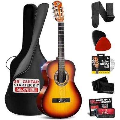 Pyle Beginner Acoustic Guitar, Junior Size 99 cm, All Wood Build Nylon String with Capo Strap, Extra String Set, and Gig Bag Acoustic, For Kids Adults Youth Classical Kit Brown Burst, Gloss Pyle Beginner Acoustic Guitar, Junior Size 99 cm, All Wood Build Nylon String with Capo Strap, Extra String Set, and Gig Bag Acoustic, For Kids Adults Youth Classical Kit Brown Burst, Gloss