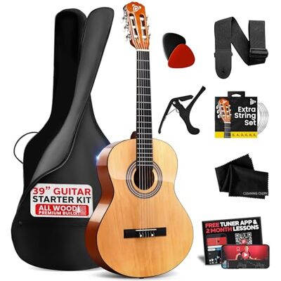 Pyle Beginner Acoustic Guitar Kit, Full Size Classical 99 cm All Wood Nylon String with Capo, Strap, Extra String Set and Gig Bag, For Beginners Adults Youth Kids, Natural Gloss Pyle Beginner Acoustic Guitar Kit, Full Size Classical 99 cm All Wood Nylon String with Capo, Strap, Extra String Set and Gig Bag, For Beginners Adults Youth Kids, Natural Gloss