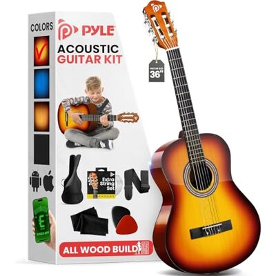 Pyle Acoustic Guitar 3/4 Size Beginner Kit – Classical Spanish Nylon String Acoustic for Adults & Youth, 36 in (91 cm) Junior Instrument with Gig Bag, Strap, Picks & Spare Strings, Sun Burst Gloss Pyle Acoustic Guitar 3/4 Size Beginner Kit – Classical Spanish Nylon String Acoustic for Adults & Youth, 36 in (91 cm) Junior Instrument with Gig Bag, Strap, Picks & Spare Strings, Sun Burst Gloss
