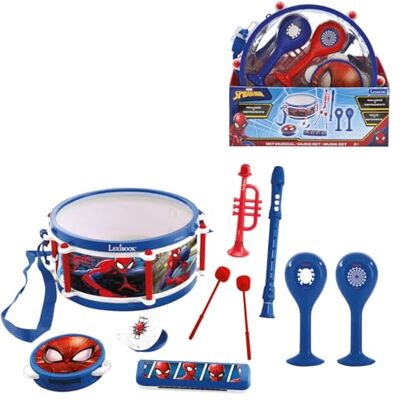 LEXIBOOK , Spider-Man, Musical Set 7 Instruments, K360SPLXB Maracas, Castanet, Harmonica, Trumpet and Drum Set with storage drum, portable for kids music and rhythm play LEXIBOOK , Spider-Man, Musical Set 7 Instruments, K360SPLXB Maracas, Castanet, Harmonica, Trumpet and Drum Set with storage drum, portable for kids music and rhythm play