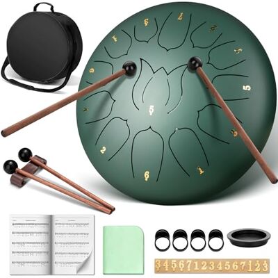 CAHAYA Steel Tongue Drum 13Notes: 12 Inch Steel Hand Drum with Music Book, Mallets, Finger Picks and Carry Bag Green CY00374-1 CAHAYA Steel Tongue Drum 13Notes: 12 Inch Steel Hand Drum with Music Book, Mallets, Finger Picks and Carry Bag Green CY00374-1