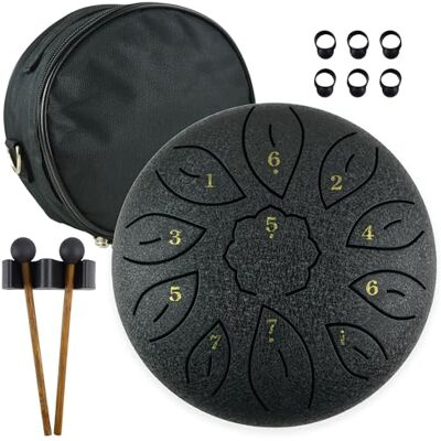 A-Star 6 Inch Steel Tongue Drum, Black, 11 Note Hand Drum with Mallets, Finger Beaters Yoga, Meditation, Zen Drum A-Star 6 Inch Steel Tongue Drum, Black, 11 Note Hand Drum with Mallets, Finger Beaters Yoga, Meditation, Zen Drum