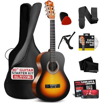 Pyle Beginner Acoustic Guitar, Junior Size 76 cm, All Wood Build Nylon String with Capo Strap, Extra String Set, and Gig Bag Acoustic, For Kids Adults Youth Classical Kit Sunburst Teardrop Gloss Pyle Beginner Acoustic Guitar, Junior Size 76 cm, All Wood Build Nylon String with Capo Strap, Extra String Set, and Gig Bag Acoustic, For Kids Adults Youth Classical Kit Sunburst Teardrop Gloss