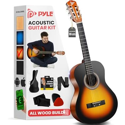 Pyle Beginner Acoustic Guitar, Junior Size 99 cm, All Wood Build Nylon String with Capo Strap, Extra String Set, and Gig Bag Acoustic, For Kids Adults Youth Classical Kit Sunburst Teardrop Matte Pyle Beginner Acoustic Guitar, Junior Size 99 cm, All Wood Build Nylon String with Capo Strap, Extra String Set, and Gig Bag Acoustic, For Kids Adults Youth Classical Kit Sunburst Teardrop Matte