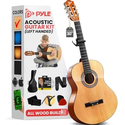 Pyle Left Handed Classical Guitar, 1/4 Size Kit w/Capo, Natural Mirrored Fretboard Design Sized For Small Hands Warm Rich Tone Pyle Left Handed Classical Guitar, 1/4 Size Kit w/Capo, Natural Mirrored Fretboard Design Sized For Small Hands Warm Rich Tone