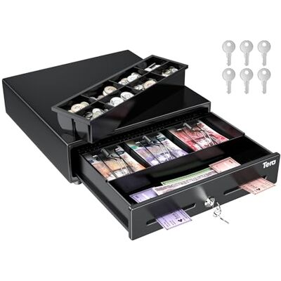 Tera 13" Cash Register Drawer Auto Open 33.5x30x10.4cm with 3 Bill 8 Coin Cash Tray 6 Keys Removable Coin Compartment Key-Lock 12V RJ12 Interface Media Slot for System Shop Business 330G Tera 13" Cash Register Drawer Auto Open 33.5x30x10.4cm with 3 Bill 8 Coin Cash Tray 6 Keys Removable Coin Compartment Key-Lock 12V RJ12 Interface Media Slot for System Shop Business 330G