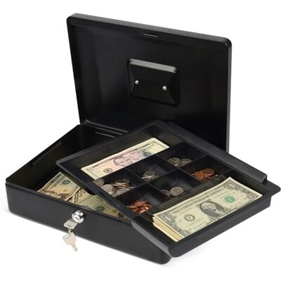Carl Locking Large Metal Cash Box with Money Tray, Lock Box, Black Carl Locking Large Metal Cash Box with Money Tray, Lock Box, Black