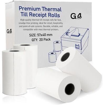 G4GADGET 20 Rolls 57 x 40 Thermal Paper Till Rolls Receipt Roll for Cash Register, POS, Credit Card Machine with Red Warning Strip G4GADGET 20 Rolls 57 x 40 Thermal Paper Till Rolls Receipt Roll for Cash Register, POS, Credit Card Machine with Red Warning Strip