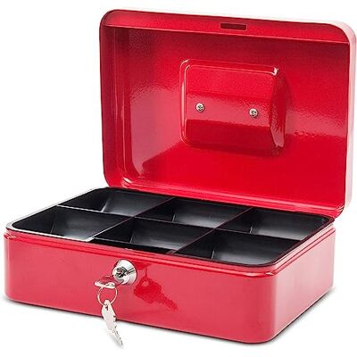MAUL Cash Box Red Steel Money Tin with Tray tidy coins and notes, solid steel body, trusted cylinder lock, removable tray, carry handle, 2 keys included MAUL Cash Box Red Steel Money Tin with Tray tidy coins and notes, solid steel body, trusted cylinder lock, removable tray, carry handle, 2 keys included