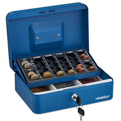Relaxdays Cash Box, Coin Counter Tray Lockable Steel Portable Change & Notes, H x W x D: 9 x 25 x 18 cm, Blue Relaxdays Cash Box, Coin Counter Tray Lockable Steel Portable Change & Notes, H x W x D: 9 x 25 x 18 cm, Blue