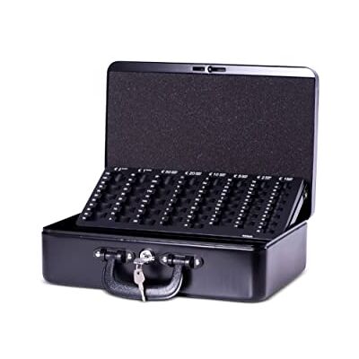 MAUL Money Box Black Steel Cash Case Quick count tray, cushioned lid for transport, lock with 2 keys, clear Euro coin scale, removable note section MAUL Money Box Black Steel Cash Case Quick count tray, cushioned lid for transport, lock with 2 keys, clear Euro coin scale, removable note section