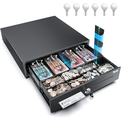 Tera Adjustable Cash Register Drawer 16": 4 Bill 8 Coin Tray with Removable Dividers 6 Keys Auto Open Key-Lock RJ12 Interface Media Slot for POS System Retail Business M415 Tera Adjustable Cash Register Drawer 16": 4 Bill 8 Coin Tray with Removable Dividers 6 Keys Auto Open Key-Lock RJ12 Interface Media Slot for POS System Retail Business M415