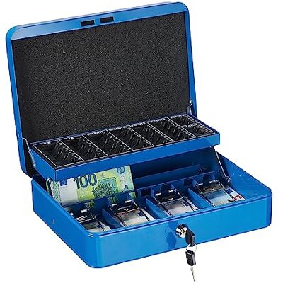 Relaxdays Cash Box, Coin Counter Tray Lockable Portable Change & Notes, H x W x D: 8.5 x 30.5 x 24.5 cm, Iron, Blue Relaxdays Cash Box, Coin Counter Tray Lockable Portable Change & Notes, H x W x D: 8.5 x 30.5 x 24.5 cm, Iron, Blue