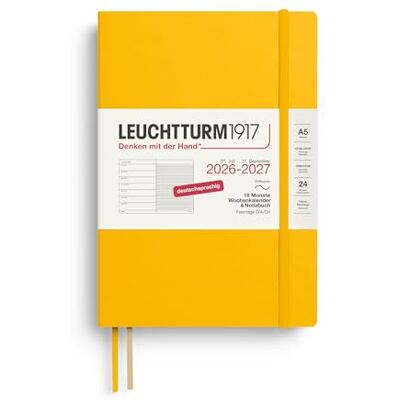 LEUCHTTURM1917 Weekly Calendar 2027 A5 with Notebook, Lined Diary German, 18 Months July 2026 December 2027, Sunflower, Soft Cover, 210 x 145 mm, Week to View Left + Note Page Right LEUCHTTURM1917 Weekly Calendar 2027 A5 with Notebook, Lined Diary German, 18 Months July 2026 December 2027, Sunflower, Soft Cover, 210 x 145 mm, Week to View Left + Note Page Right