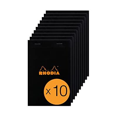 Rhodia 146009C Stapled Notepad N°14 Black 11x17 cm Ruled 80 Detachable Sheets 80G White Clairefontaine Paper Coated Card Cover Pack of 10 pads Rhodia 146009C Stapled Notepad N°14 Black 11x17 cm Ruled 80 Detachable Sheets 80G White Clairefontaine Paper Coated Card Cover Pack of 10 pads
