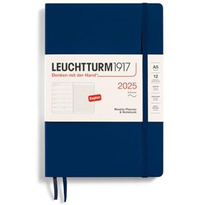 LEUCHTTURM1917 370759 Weekly Calendar & Notebook 2025, Medium A5 Softcover 12-Month Planner, Lined Navy, English LEUCHTTURM1917 370759 Weekly Calendar & Notebook 2025, Medium A5 Softcover 12-Month Planner, Lined Navy, English