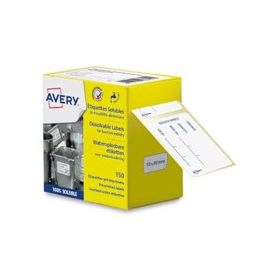 Avery Dissolvable Food Labels, 150 Wash-Off Freezer Labels, 70 x 40 mm, White with Blue, Writable, Pre-Printed, Easy to Remove, Food Traceability Stickers Avery Dissolvable Food Labels, 150 Wash-Off Freezer Labels, 70 x 40 mm, White with Blue, Writable, Pre-Printed, Easy to Remove, Food Traceability Stickers