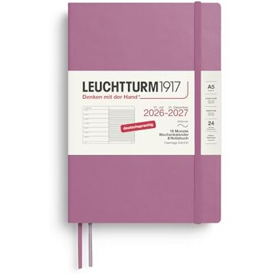 LEUCHTTURM1917 Weekly Calendar 2027 A5 with Notebook, Lined Diary German, 18 Months July 2026 December 2027, Dusty Rose, Soft Cover, 210 x 145 mm, Week to View Left + Note Page Right LEUCHTTURM1917 Weekly Calendar 2027 A5 with Notebook, Lined Diary German, 18 Months July 2026 December 2027, Dusty Rose, Soft Cover, 210 x 145 mm, Week to View Left + Note Page Right