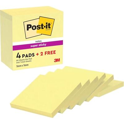 Post-it Super Sticky Notes, 4 + 2 Free Pads (540 Sheets), 76 mm x 76 mm Post-it Super Sticky Notes, 4 + 2 Free Pads (540 Sheets), 76 mm x 76 mm