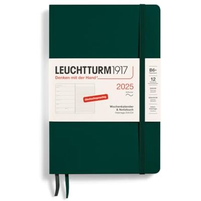 LEUCHTTURM1917 370524 Weekly Calendar & Notebook 2025, Paperback B6+ Softcover 12-Month Planner, 80 g, Lined Forest Green LEUCHTTURM1917 370524 Weekly Calendar & Notebook 2025, Paperback B6+ Softcover 12-Month Planner, 80 g, Lined Forest Green