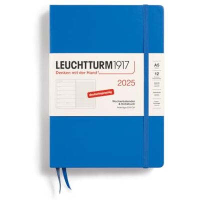 LEUCHTTURM1917 370494 Weekly Calendar & Notebook 2025, Medium A5 Hardcover 12-Month Planner, 80 g, Lined Sky LEUCHTTURM1917 370494 Weekly Calendar & Notebook 2025, Medium A5 Hardcover 12-Month Planner, 80 g, Lined Sky