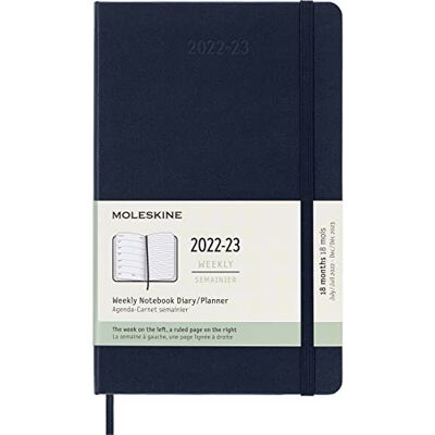Moleskine 18-Month Weekly Planner/Diary, Weekly Planner 2022/2023, Weekly Notebook with Hard Cover and Elastic Closure, Size Large 13 x 21 cm, Colour Sapphire Blue Moleskine 18-Month Weekly Planner/Diary, Weekly Planner 2022/2023, Weekly Notebook with Hard Cover and Elastic Closure, Size Large 13 x 21 cm, Colour Sapphire Blue