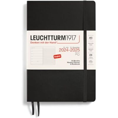 LEUCHTTURM1917 370808 Weekly Calendar & Notebook 2025, Medium A5 Softcover 18-Month Planner, Lined Black, English LEUCHTTURM1917 370808 Weekly Calendar & Notebook 2025, Medium A5 Softcover 18-Month Planner, Lined Black, English