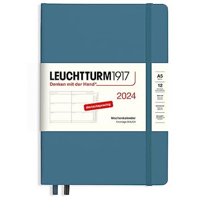 LEUCHTTURM1917 367619 Weekly Planner Medium (A5) 2024 with Extra Book for Addresses and Anniversaries, Stone Blue, German, 12 Months LEUCHTTURM1917 367619 Weekly Planner Medium (A5) 2024 with Extra Book for Addresses and Anniversaries, Stone Blue, German, 12 Months